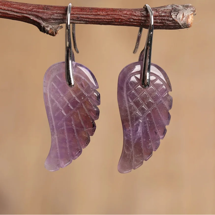 Natural Stone Jewels®  - Microcrystalline carved angel wings drop earrings for women