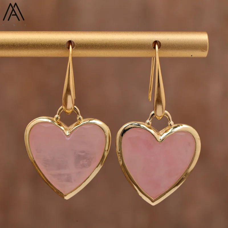 Beat Love Jewels® - Orecchini pendenti a forma di cuore in quarzo rosa