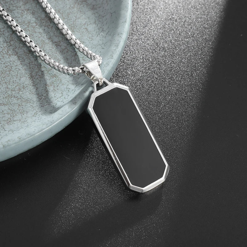 Lifeblood Jewels - Stainless Steel Classic Geometric Polygonal Black Square Natural Stone Necklace Pendant for Men. Also suitable for women.