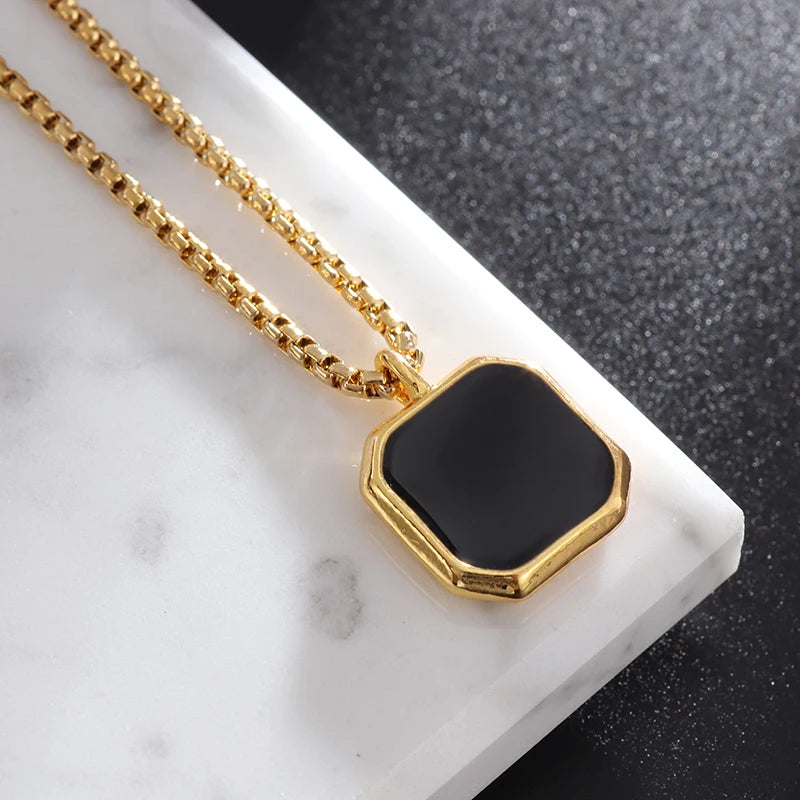 Lifeblood Jewels - Stainless Steel Classic Geometric Polygonal Black Square Natural Stone Necklace Pendant for Men. Also suitable for women.