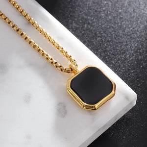 Lifeblood Jewels - Stainless Steel Classic Geometric Polygonal Black Square Natural Stone Necklace Pendant for Men. Also suitable for women.