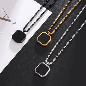 Lifeblood Jewels - Stainless Steel Classic Geometric Polygonal Black Square Natural Stone Necklace Pendant for Men. Also suitable for women.