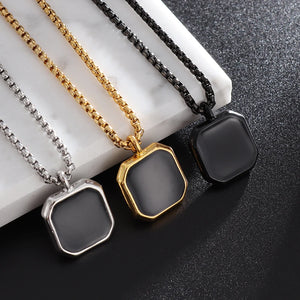 Lifeblood Jewels - Stainless Steel Classic Geometric Polygonal Black Square Natural Stone Necklace Pendant for Men. Also suitable for women.