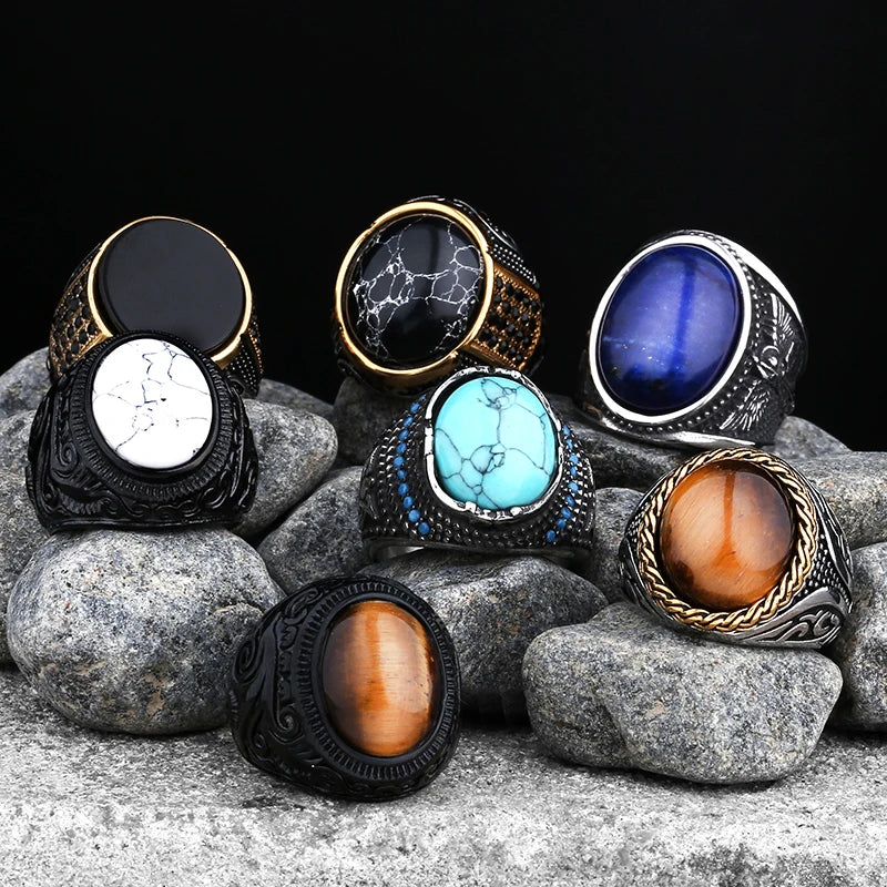 Natural Stone Jewels - Stainless steel stone rings with three different colors in gemstone for men and women.