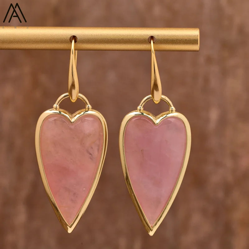 Beat Love Jewels® - Orecchini pendenti a forma di cuore in quarzo rosa