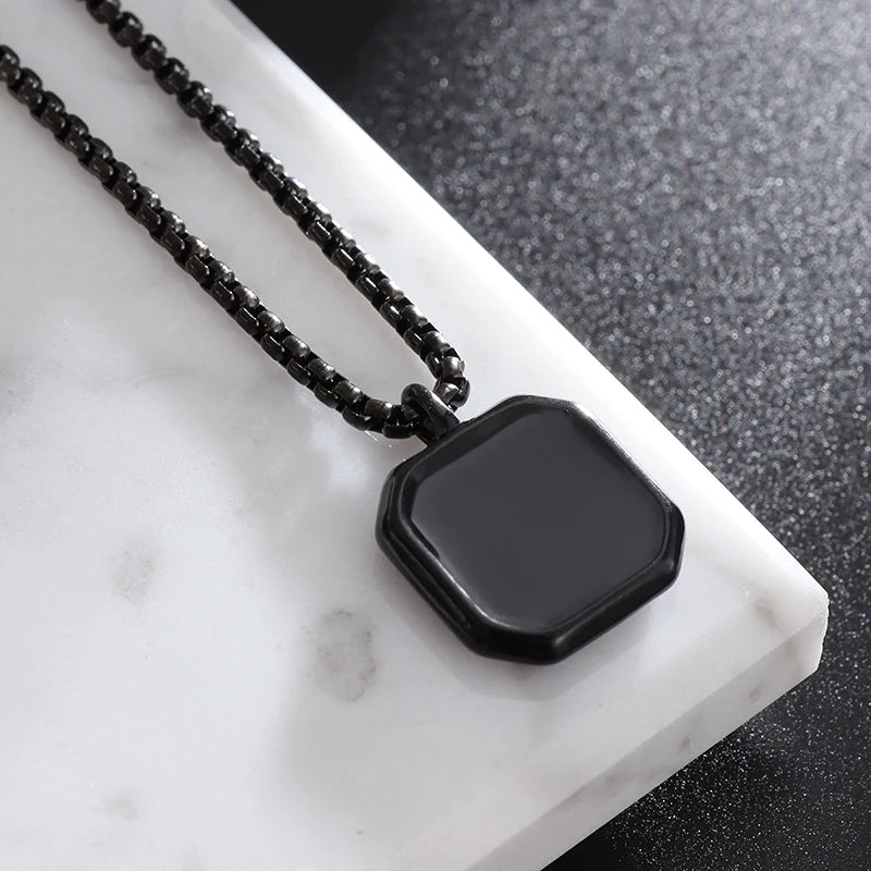 Lifeblood Jewels - Stainless Steel Classic Geometric Polygonal Black Square Natural Stone Necklace Pendant for Men. Also suitable for women.